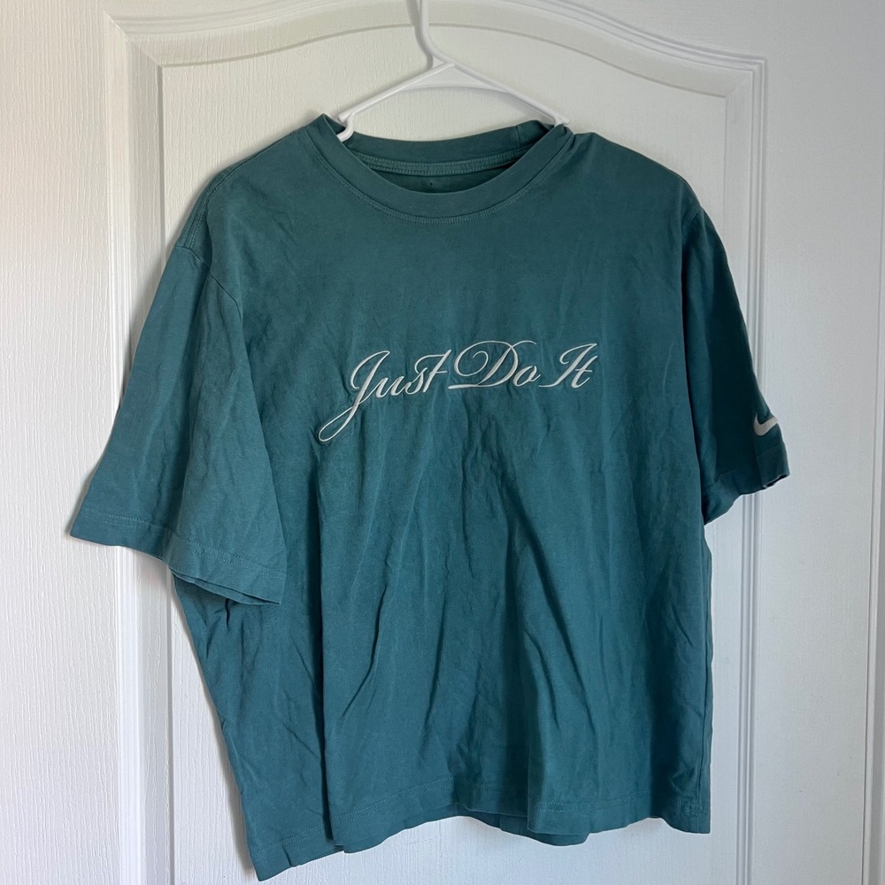 Nike The Nike Tee Loose Fit Teal Green Script Just Do It Cotton T-Shirt Womens M